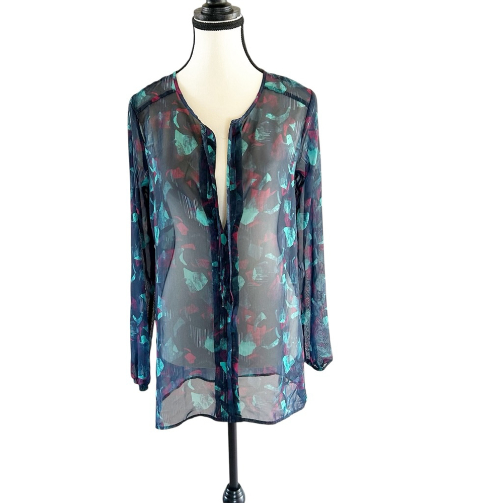 Mudd Blouse Top Size M Blue Pink Sheer Long Sleeve Playful Prints Abstract